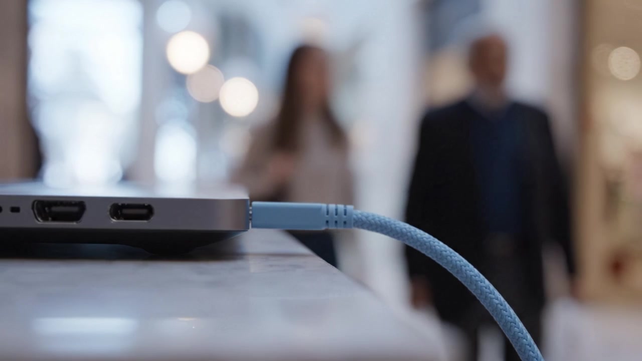 Close-up View of a Laptop with a Blue Charging Cable Plugged In, Showcasing Connectivity in a Modern, Blurred Background of People in a Shopping Space