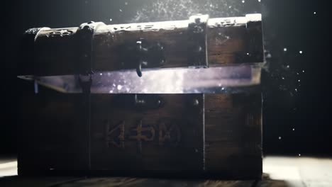 a mystical treasure chest unveils its secrets: glimmering particles emerge as the lid opens, revealing an enchanted world of wonder and mystery within