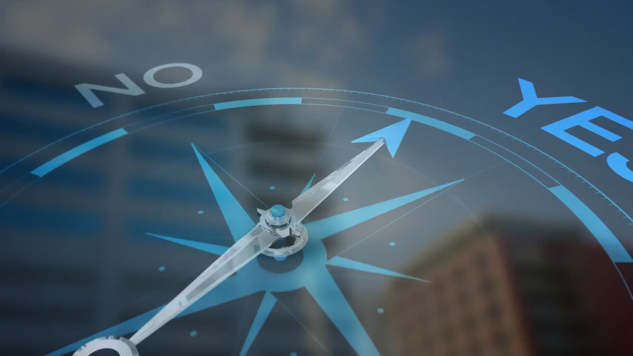 도시 위에 예와 텍스트가 없는 나침반의 애니메이션