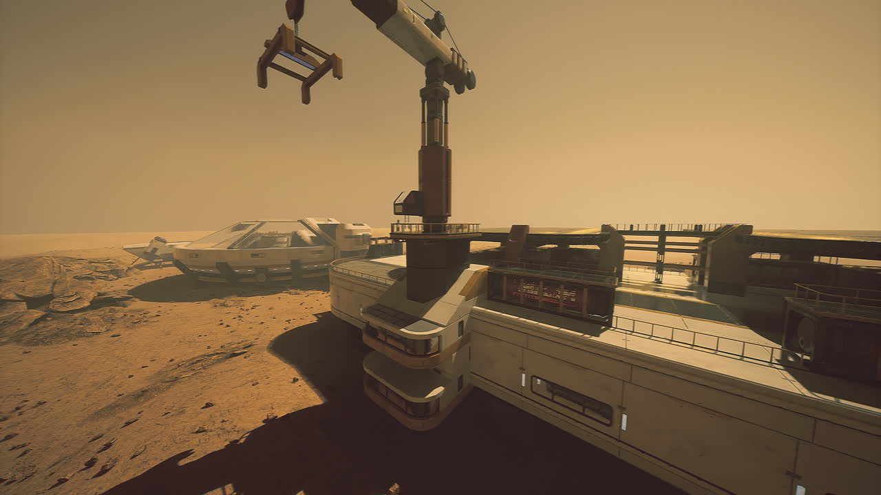 Space station on the surface of mars during a dust storm at sunset