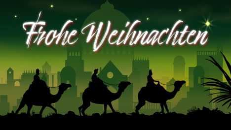 animation of frohe wihnachten text over three wise men on green background