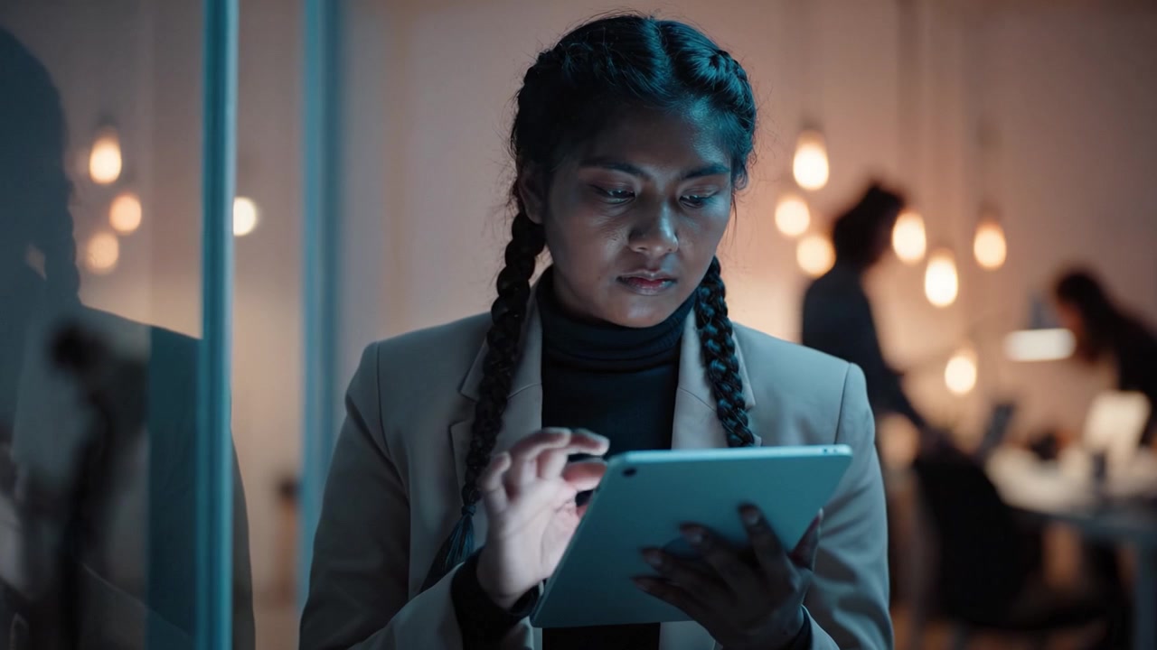 Focused Individual Engaged with Tablet Device in Modern Office Setting, Illuminated by Ambient Lighting Creating a Productive Atmosphere for Technology Use