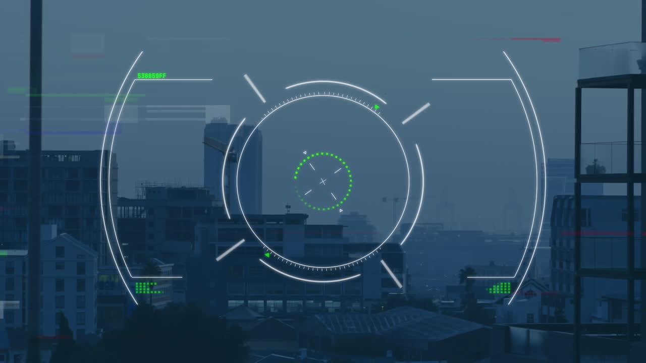 도시 풍경의 공중 시야에 대한 고장 효과와 범위 스캔의 애니메이션