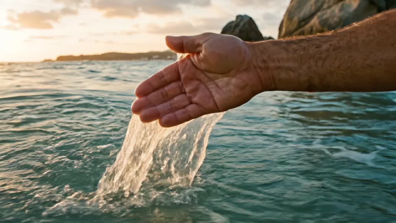Mano tocando y salpicando el agua del océano al atardecer