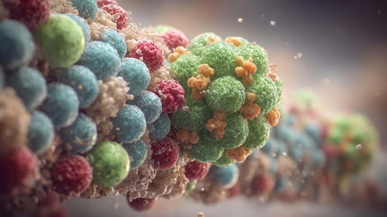 Microscopic Visualization of Vibrant Cellular Structures: A Stunning Close-Up on Colorful Molecules and Their Intricate Arrangements in a Biological Environment