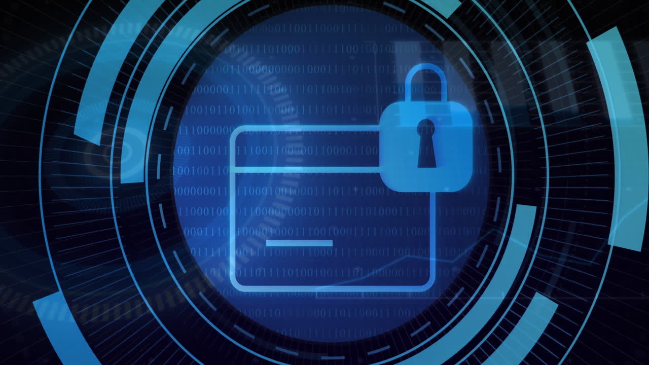 Central digital security interface showing rotating rings, streaming binary code, glowing UI detail