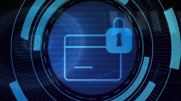 Central digital security interface showing rotating rings, streaming binary code, glowing UI detail