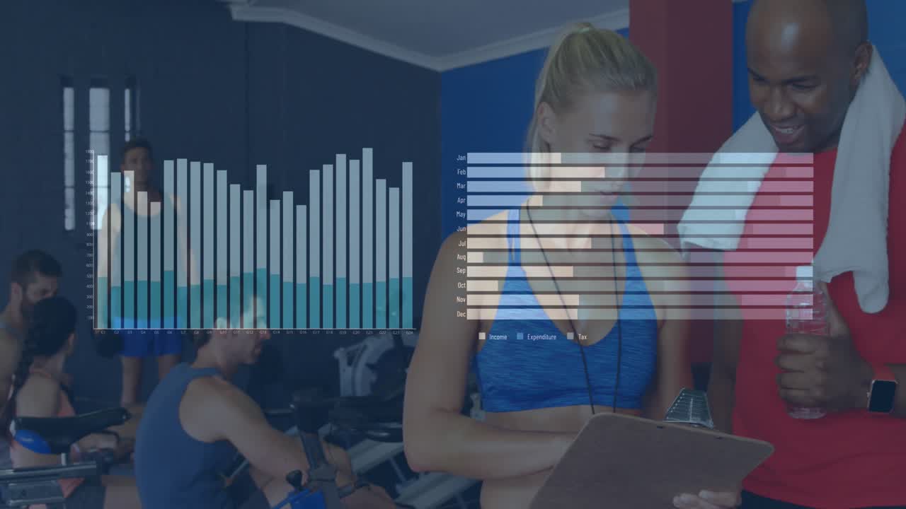 Animation of data processing over diverse sports people at gym