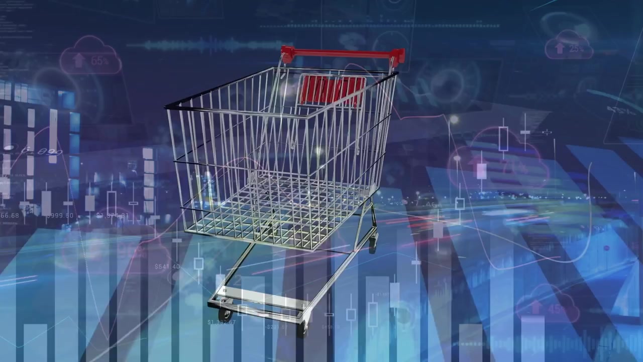 Animation of data processing over digital car on black background