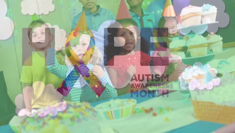 Animation-of-hope-autism-awareness-month-text-and-ribbon-formed-with-puzzles-over-school-children