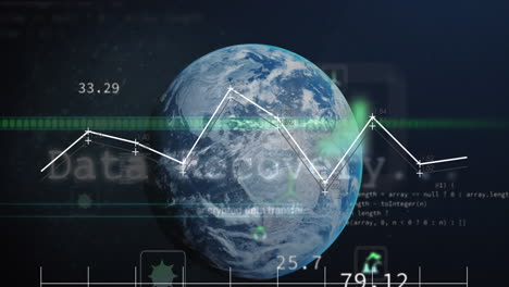 animación de iconos digitales y procesamiento de datos sobre un globo giratorio contra un fondo azul.