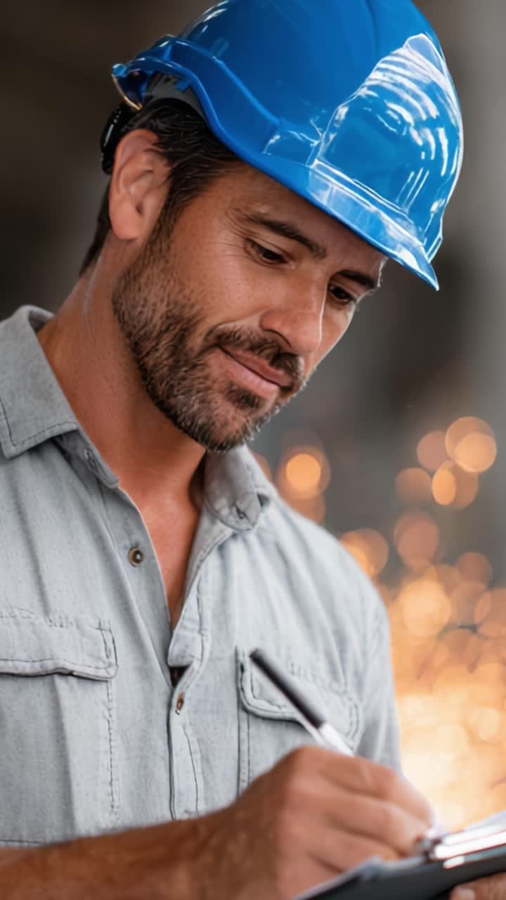 Lavoratore concentrato con un cappello blu che scrive su un blocco appunti in un ambiente industriale luminoso, mostrando dedizione e precisione nel suo mestiere mentre volano scintille