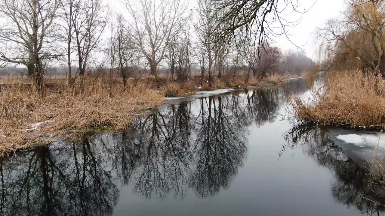 Donau-dalens hovedkanal, der reflekterer nøgne træer nær Nemesnádudvar om vinteren, Ungarn