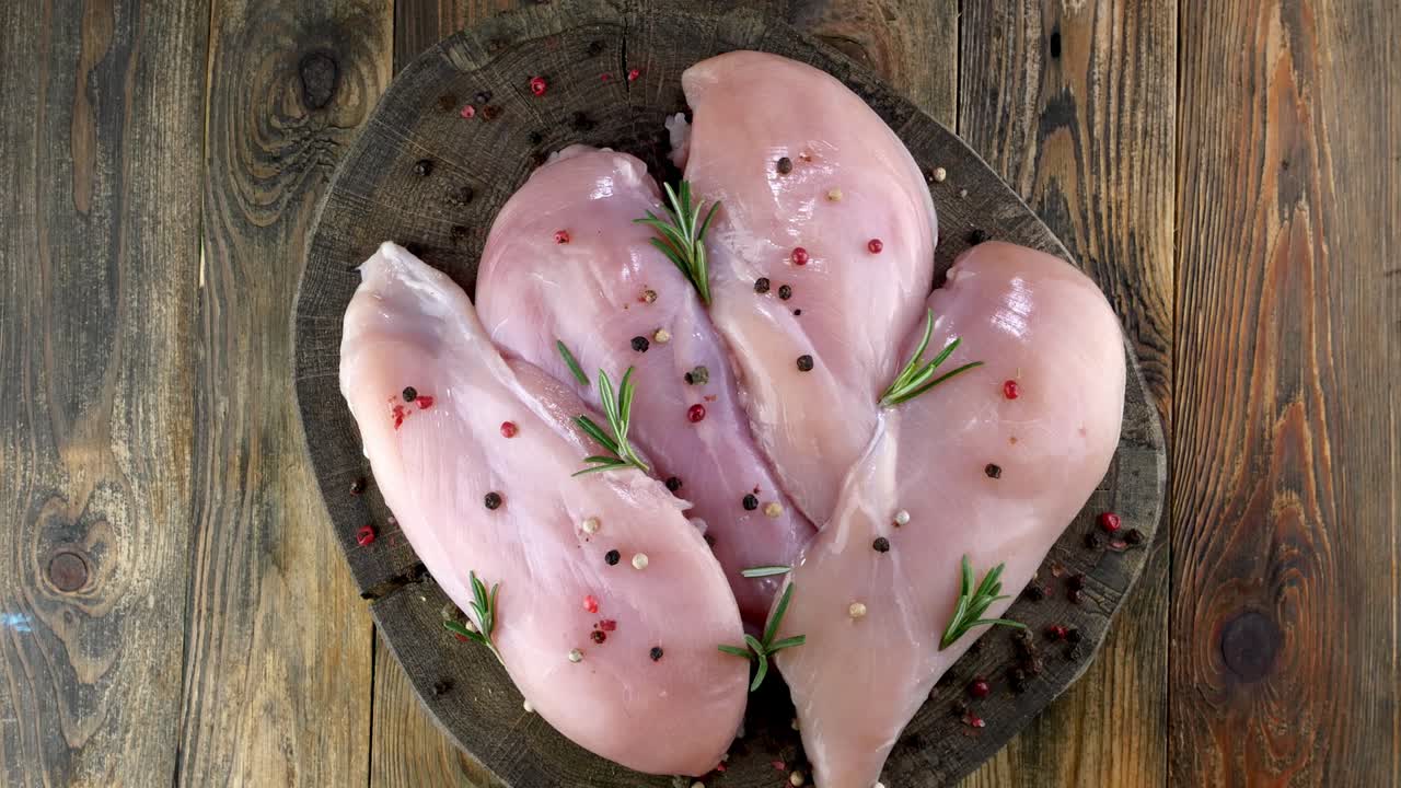 Fresh raw chicken breast fillets sprinkled with peppercorns and rosemary rotates slowly.