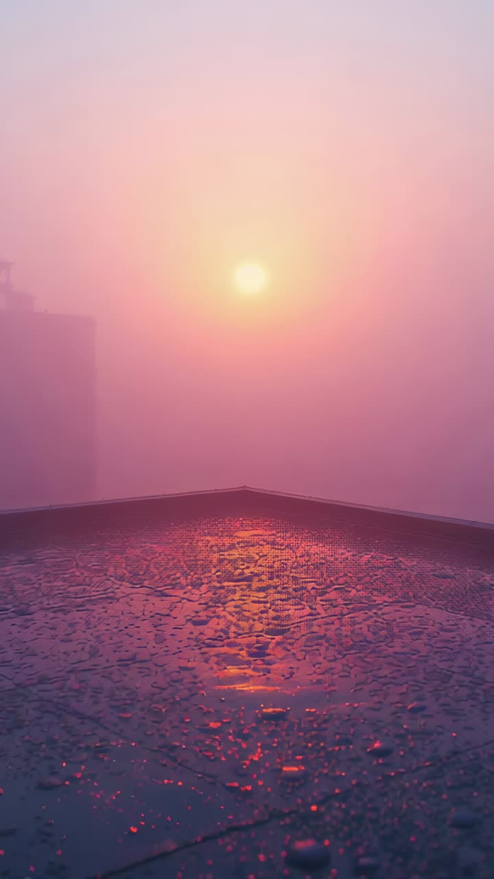 Vertical video: Shifting sunlight through haze creating subtle reflections on wet roof corner