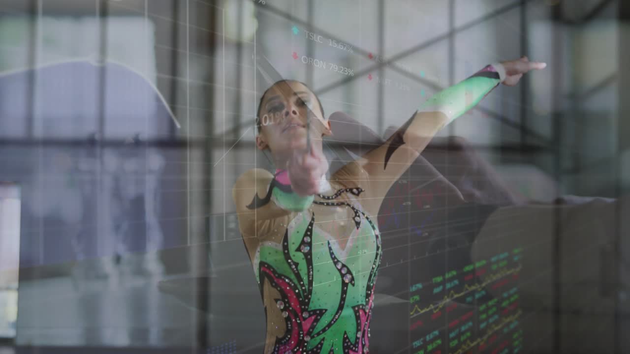 Gymnast lifting ribbon stick and sweeping loops while revealing animated fitness data charts