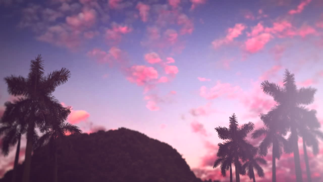 Paesaggio tropicale e montagna con palme al tramonto
