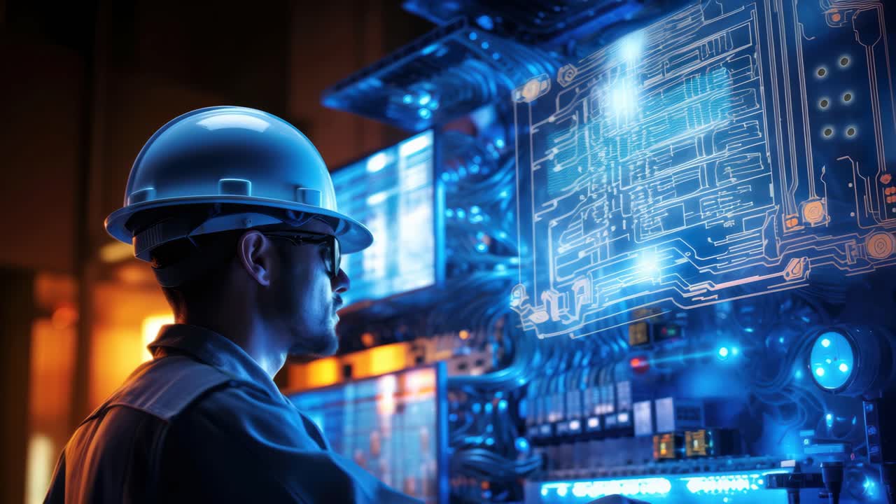 Side angle of an engineer in a hard hat analyzing digital circuits on a futuristic screen