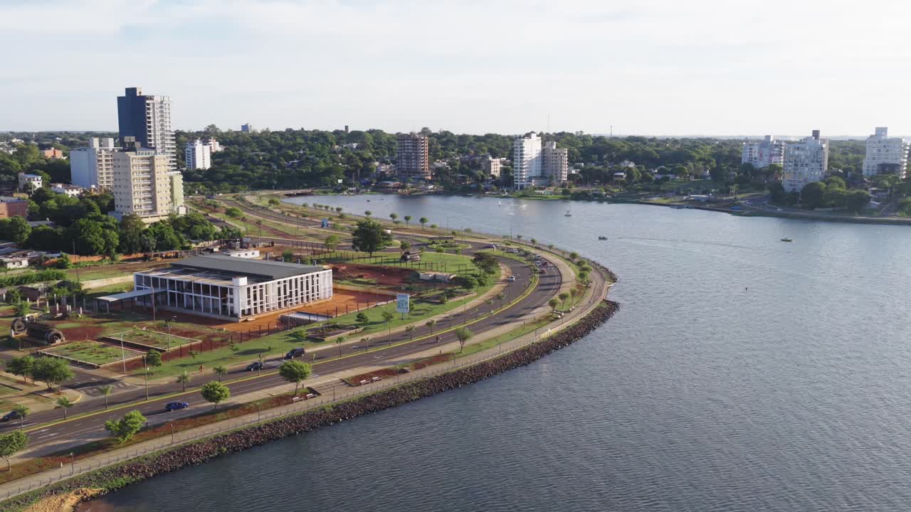 Aerial view of coastal avenue in El Brete, tourist destination in Posadas, Argentina