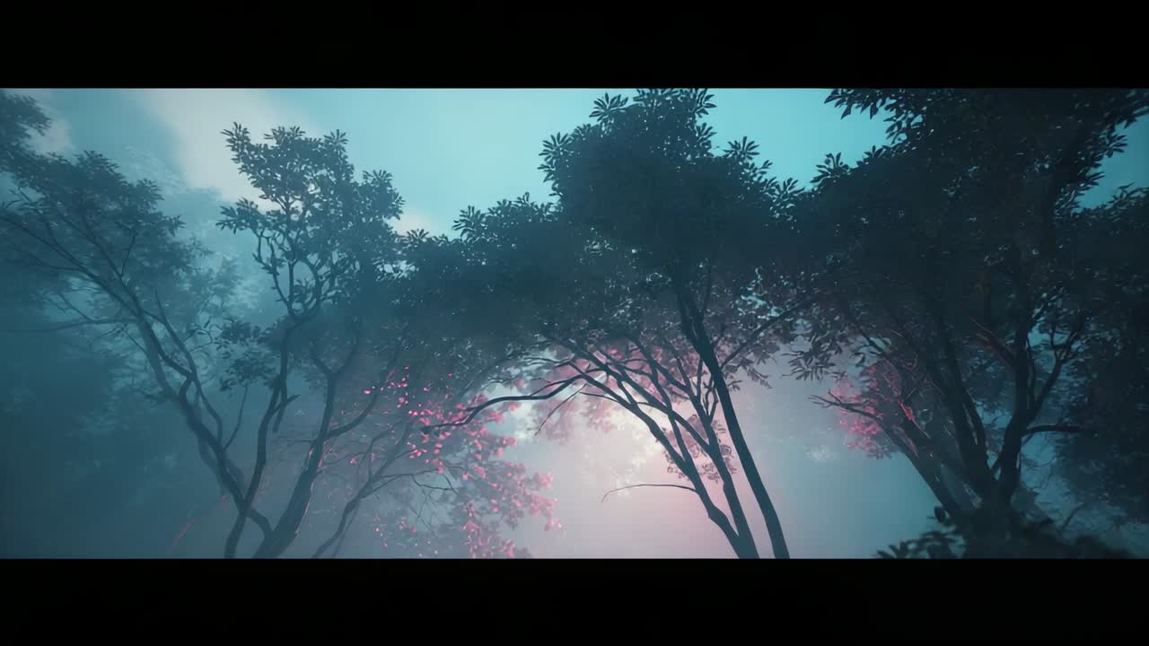 Camera tilting upward in misty forest canopy following rising sunlight, revealing pink blossoms