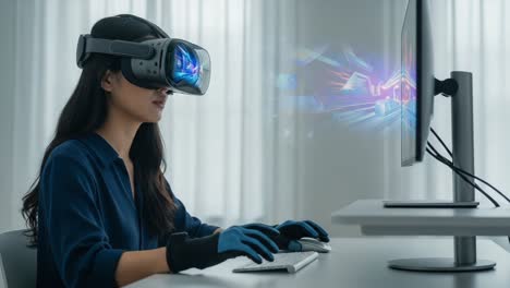 a focused user engaging in virtual reality with advanced headset and interactive display, immersing in a digital experience at a modern workspace