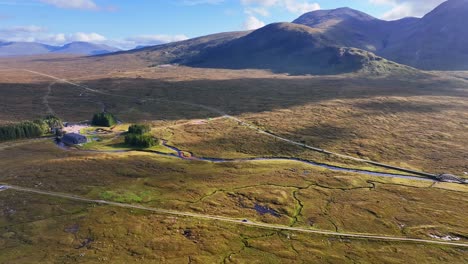 Aerial-View-of-the-Kingshouse-Hotel-in-Glen-Coe-Valley,-Scottish-Highlands,-Scotland,-United-Kingdom