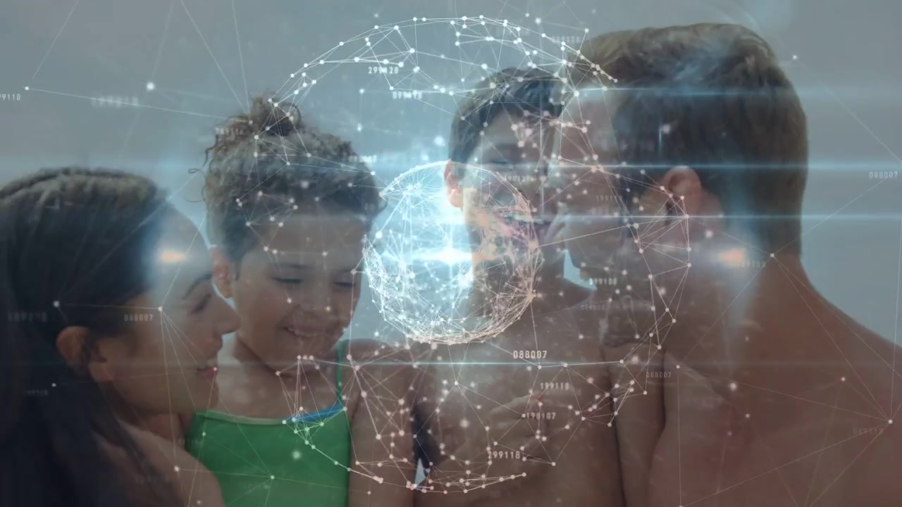 Video verticale: Famiglia che si stringe, con un globo olografico che appare ed evidenzia la connessione tecnologica.