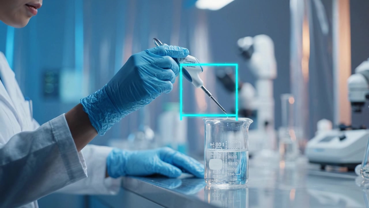 Focused laboratory scene showcasing a researcher using a pipette to transfer liquid into a beaker, highlighting precision and scientific experimentation.