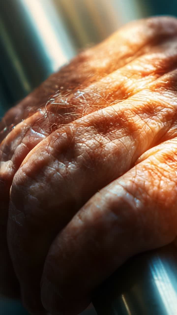 The Importance of Aging: A Close-Up of an Aged Hand Resting on a Metallic Surface Reflecting Experience and Wisdom of Life