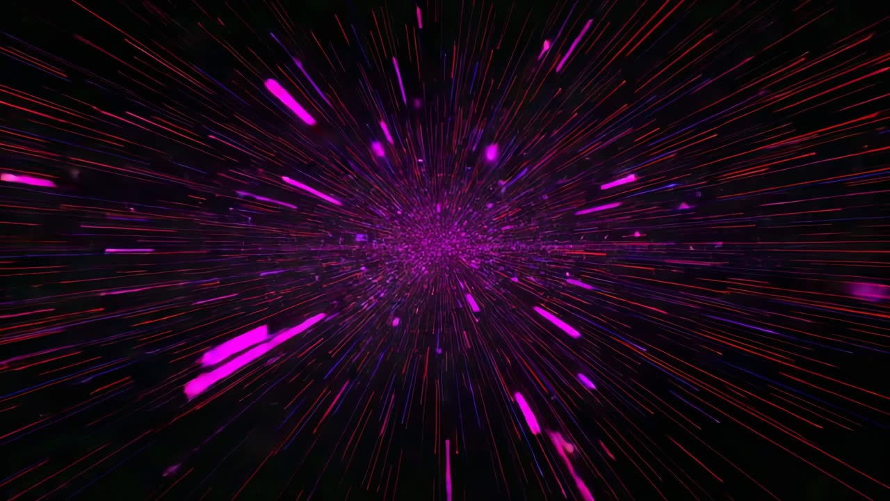 Emitting magenta particle cloud and beaming red purple streaks in space, creating speed illusion