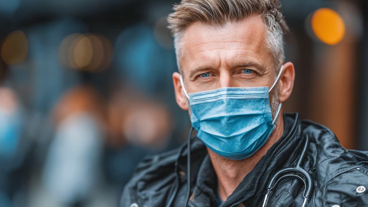 Dedicated Healthcare Professional Wearing a Protective Mask and Stethoscope, Captured in a Dynamic Urban Environment Reflecting Commitment to Patient Safety