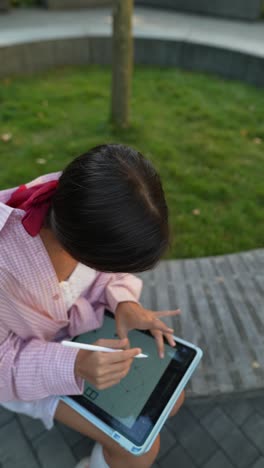 girl drawing on tablet in park