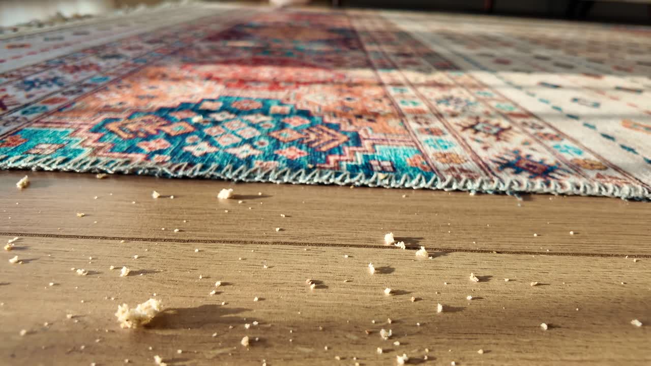 Crumbs on the Floor Near a Rug
