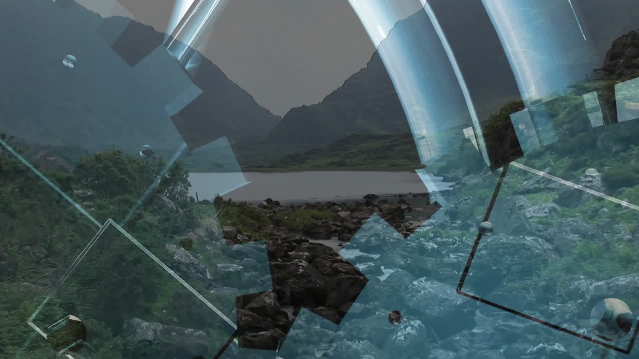 Animation of digital interface overlaying serene mountain landscape with river and rocks