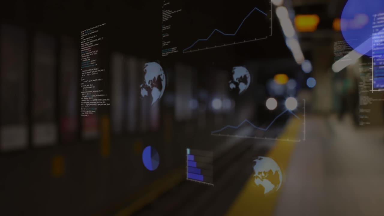 Animation of data processing and spinning globe against blurred view of train arriving at a station