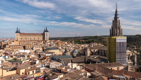 timelapse of toledo skyline, alcazar and cathedral in toledo imperial city, spain