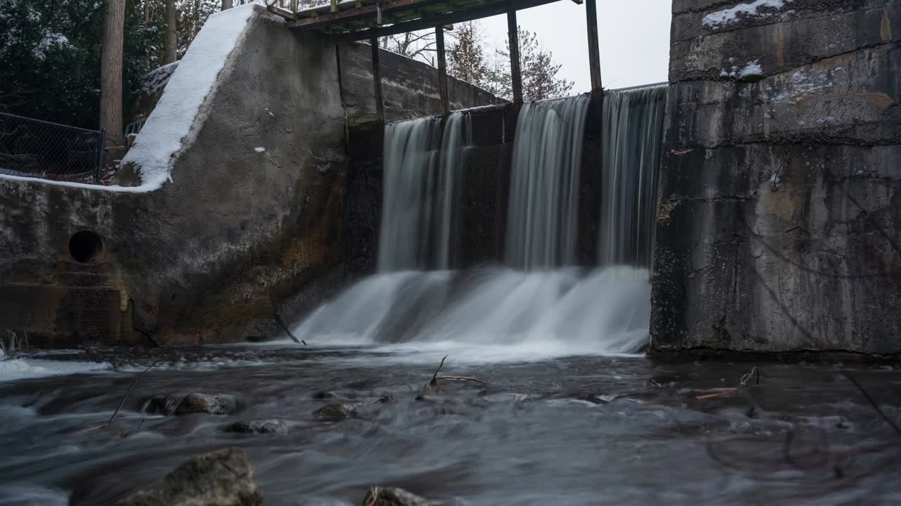 Waterfall At Alton Mill In Caledon, Winter Landscape Time Lapse