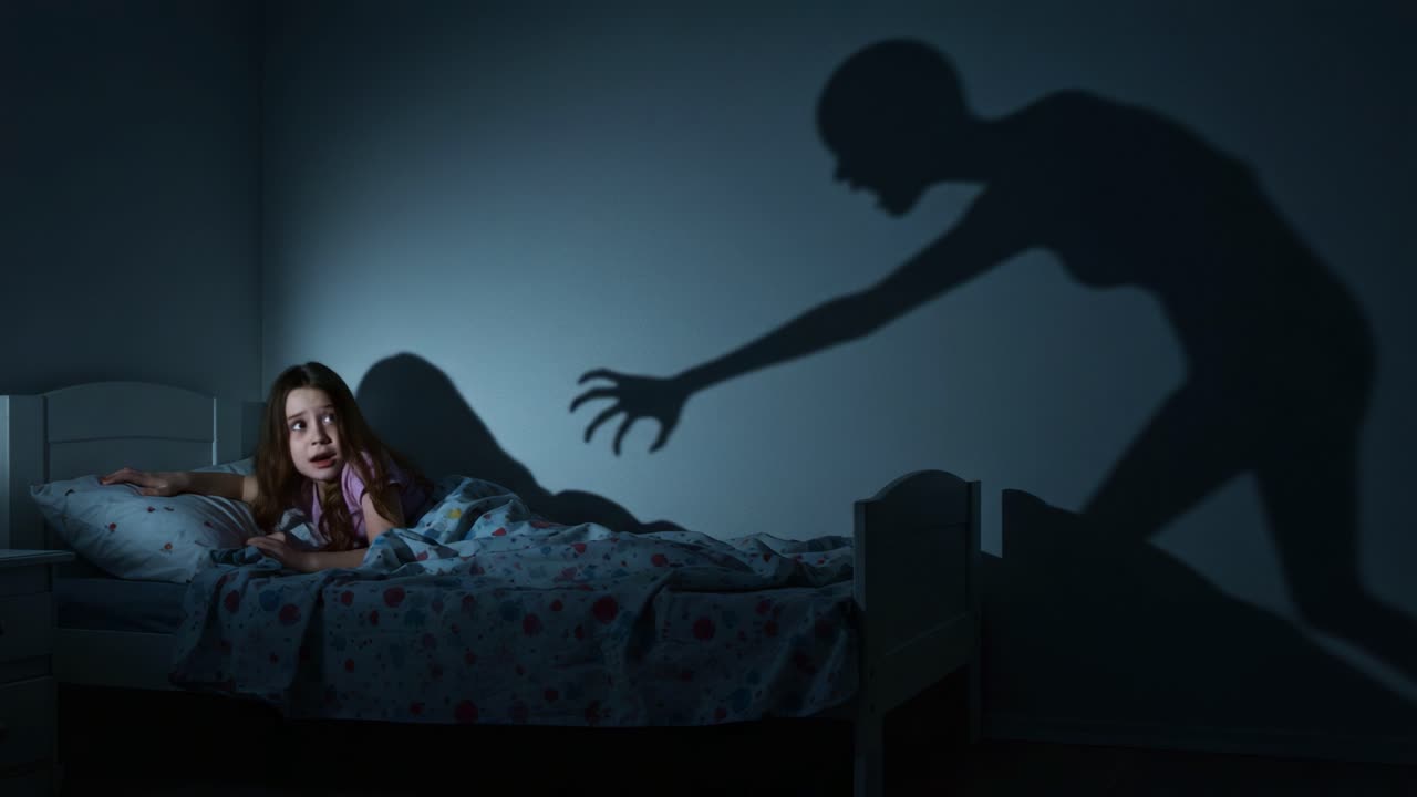 A Fearful Night: A Young Girl in Bed Awaits the Creeping Shadows of a Mysterious Entity as Alarm and Terror Fill the Room