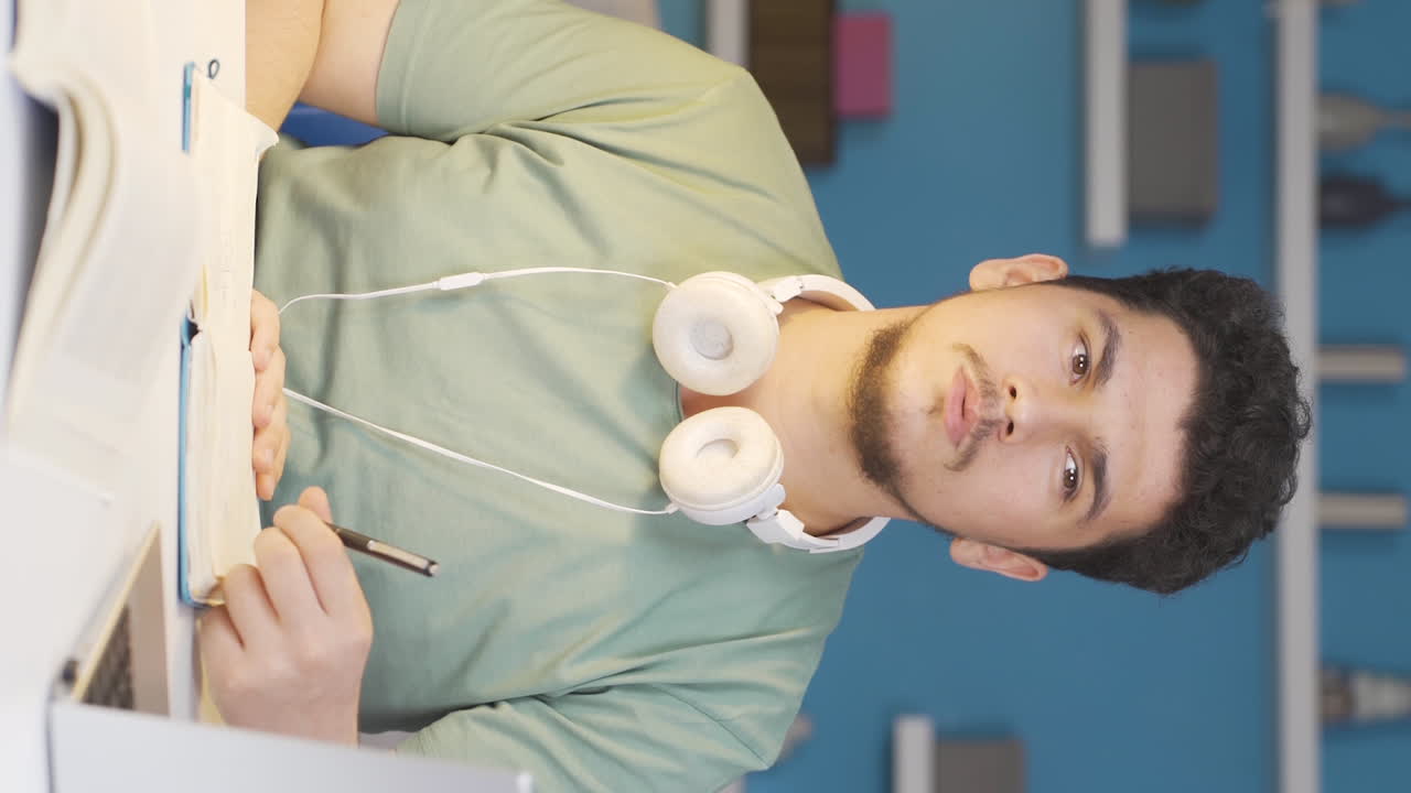 vídeo vertical de un estudiante exitoso e inteligente que ahorra.