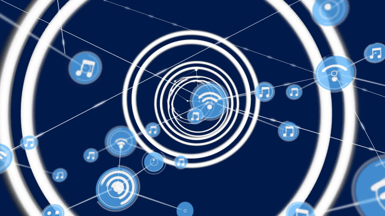 Animation of network of connections with icons over circles