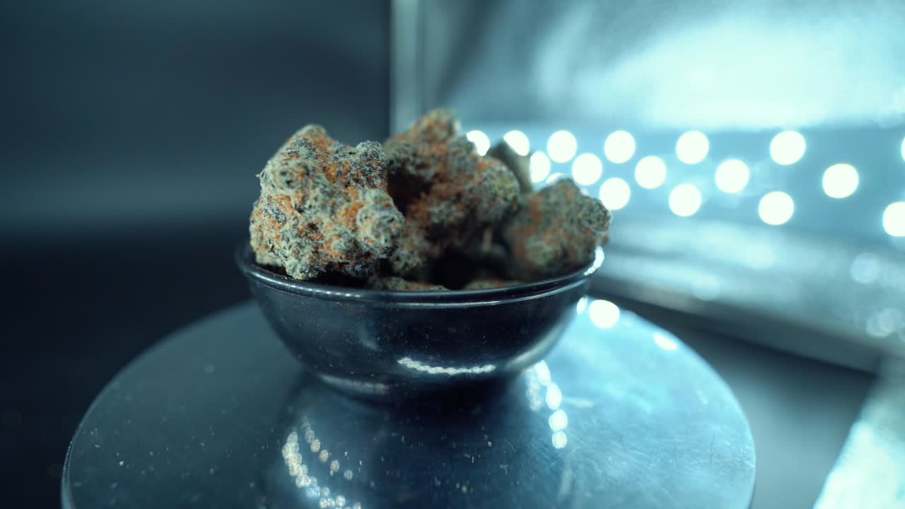 Una ripresa cinematografica macro dettagliata, fluida e ampia di una pianta di cannabis, varietà ibride arancioni, tipo Indica, fiore di marijuana verde, slow motion a 120 fps, luci LED da studio, supporto rotante luminoso.