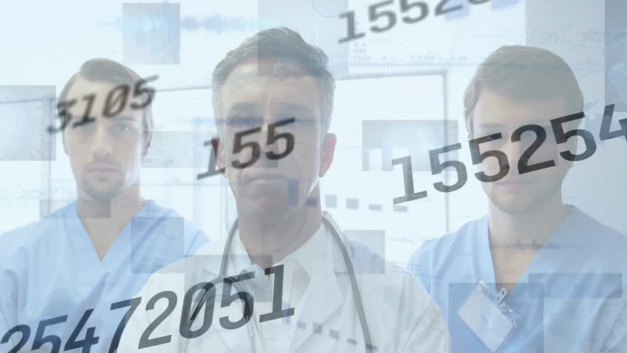 animación de cambio de número y procesamiento de datos sobre médicos masculinos con estetoscopio