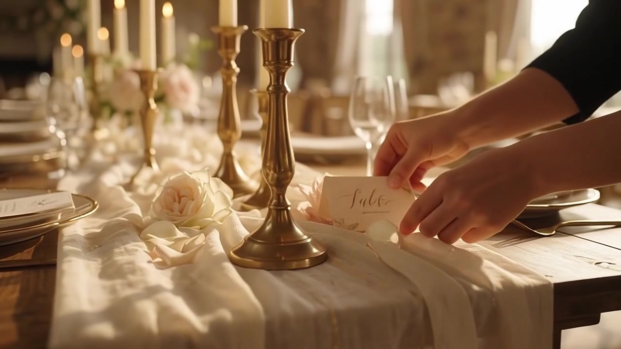 Person Setting Elegant Wedding Table with Candles and Flowers