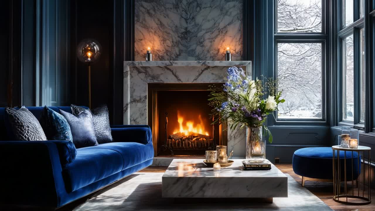 A Cozy and Elegant Living Room with a Modern Touch Featuring a Stylish Blue Sofa, Beautiful Floral Arrangement, and a Warm, Inviting Fireplace Generating a Serene Atmosphere During Winter Evenings