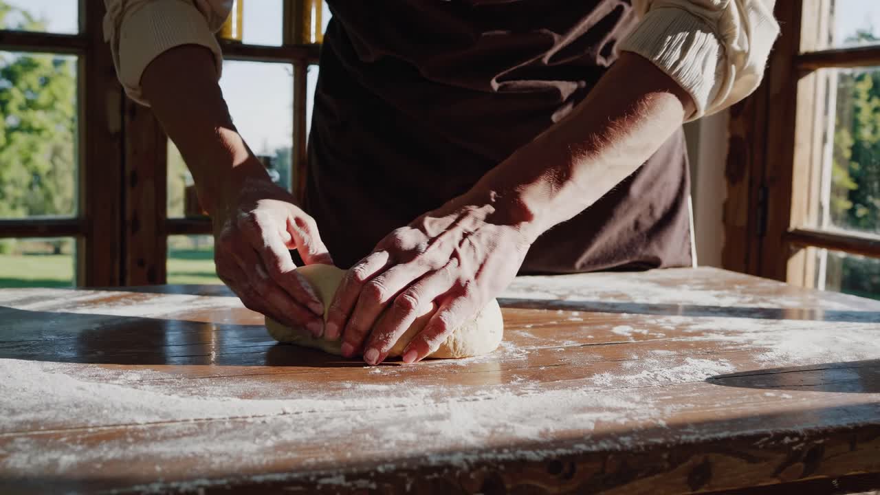 Low-angle video of hands kneading dough on a rustic wooden table, sunlight streaming