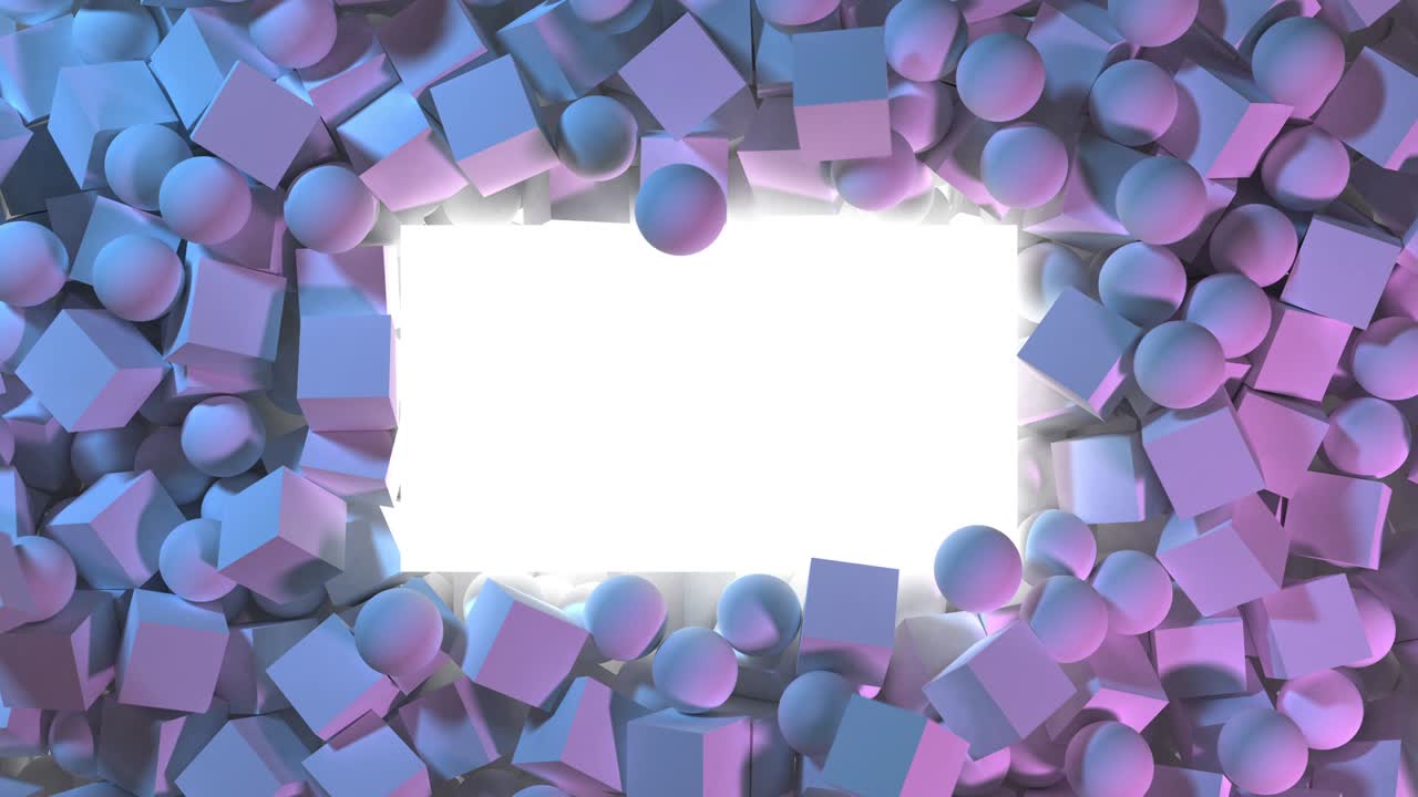 caídas de cajas geométricas 3d o cubos y esferas. caja de espacio de copia blanca en el medio.