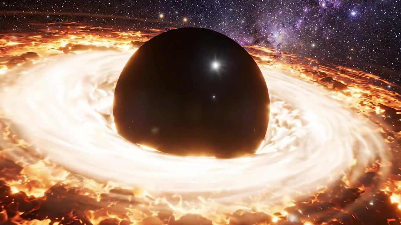 A stunning visual representation of a black hole surrounded by a luminous accretion disk, set against the backdrop of a sprawling galaxy filled with stars and cosmic phenomena.