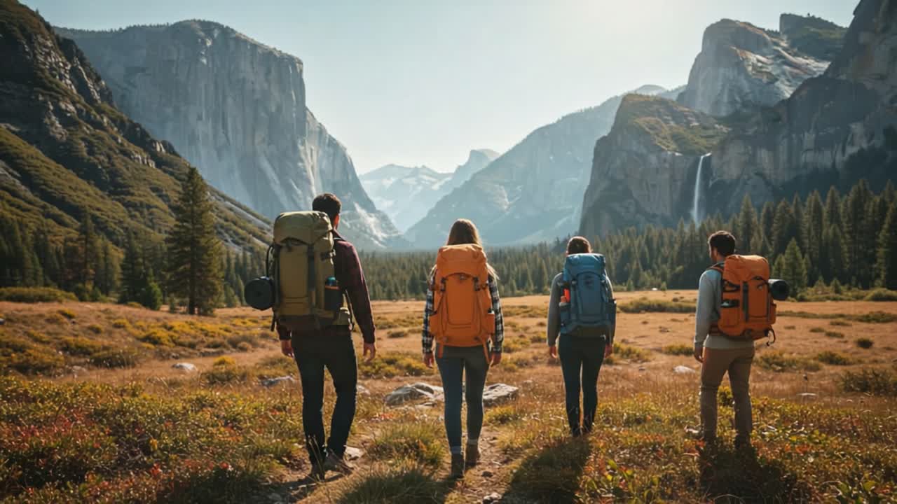 Exploring Majestic Landscapes: A Group of Adventurous Hikers Journeying Through a Breathtaking Mountain Valley Surrounded by Nature's Splendor