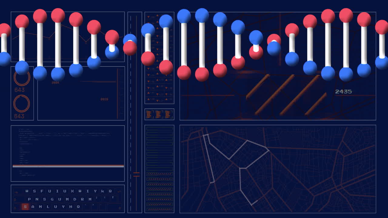 DNA strand with binary coding, scientific data processing in animation