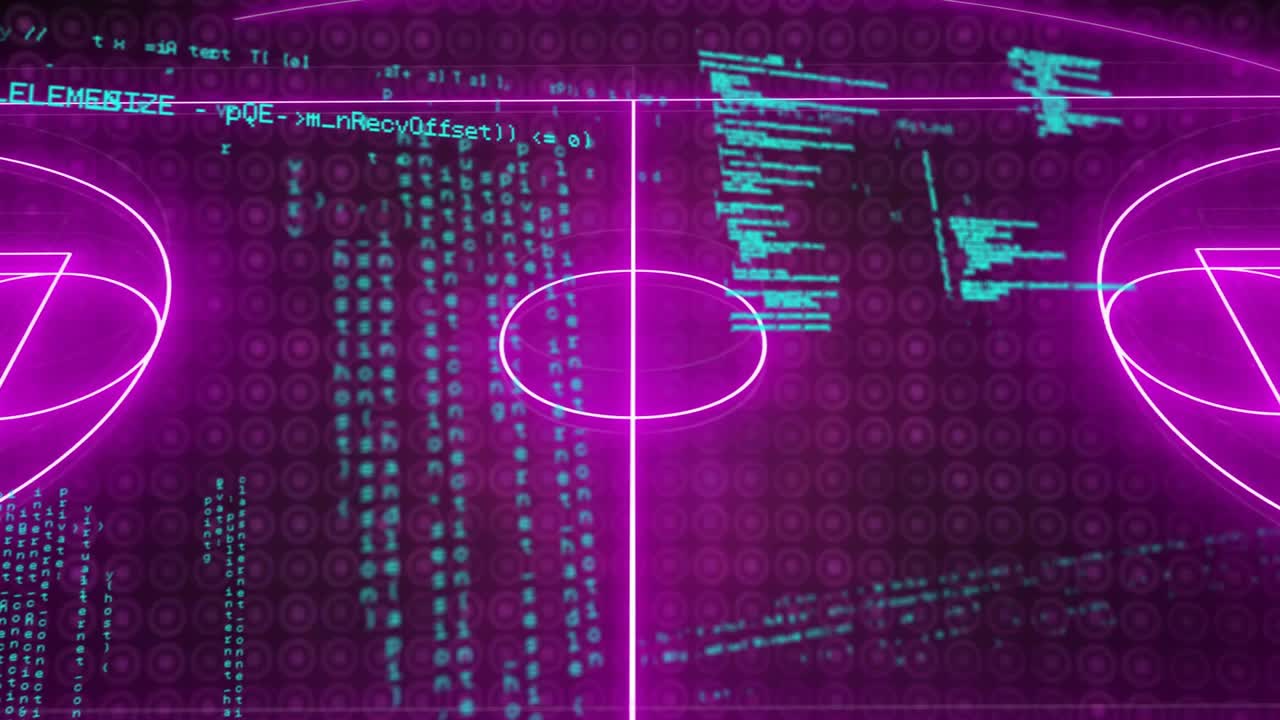 Magenta court lighting lines and streaming code rotating into view after outline triggers reveal